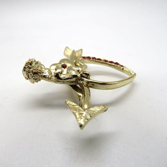 Valentine Brooch Cupid Heart Arrow Gold Tone Pin Red Rhinestones Love - Picture 8 of 12